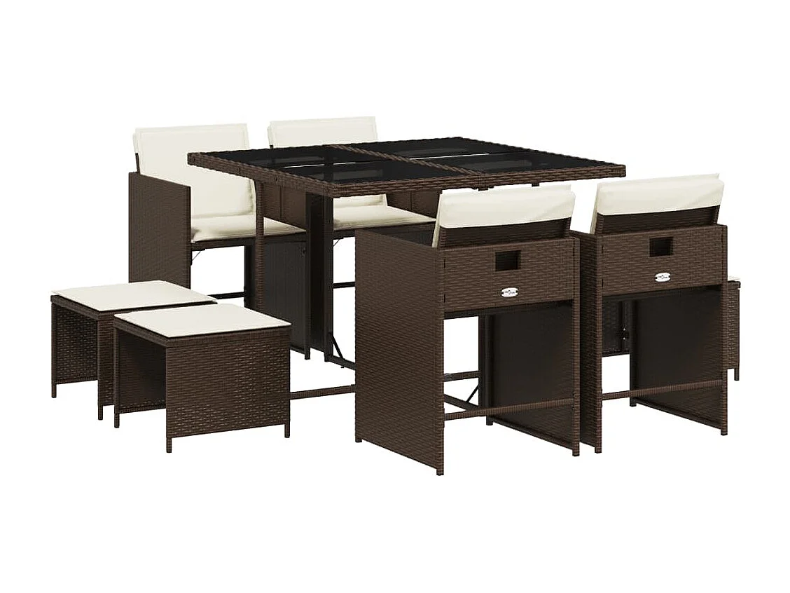 Ensemble à manger de jardin et coussins 9 pcs marron poly rotin