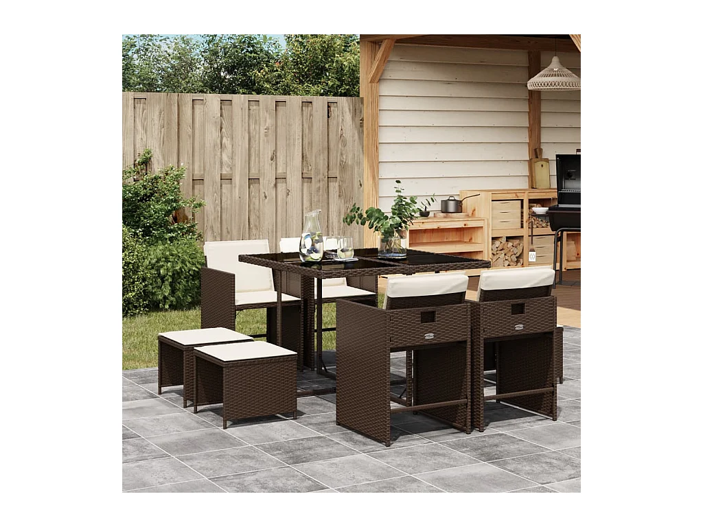 Ensemble à manger de jardin et coussins 9 pcs marron poly rotin
