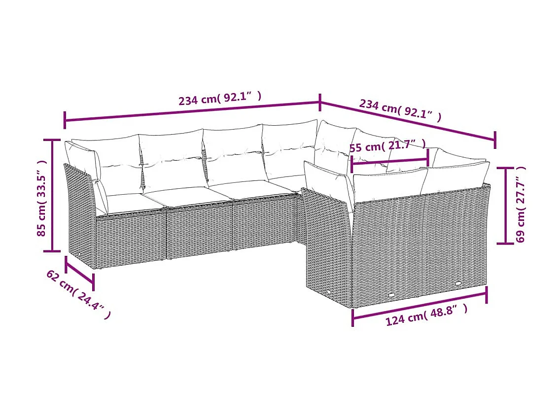 Salon de jardin 8 pcs avec coussins marron résine tressée