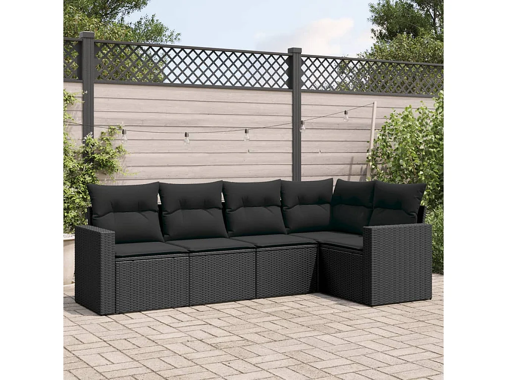 5 pcs conjunto sofás de jardim com almofadões vime PE preto
