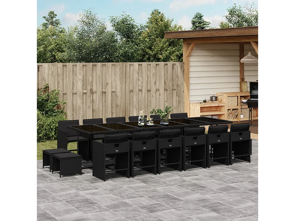 17-tlg. Garten-Essgruppe mit Kissen Schwarz Poly Rattan