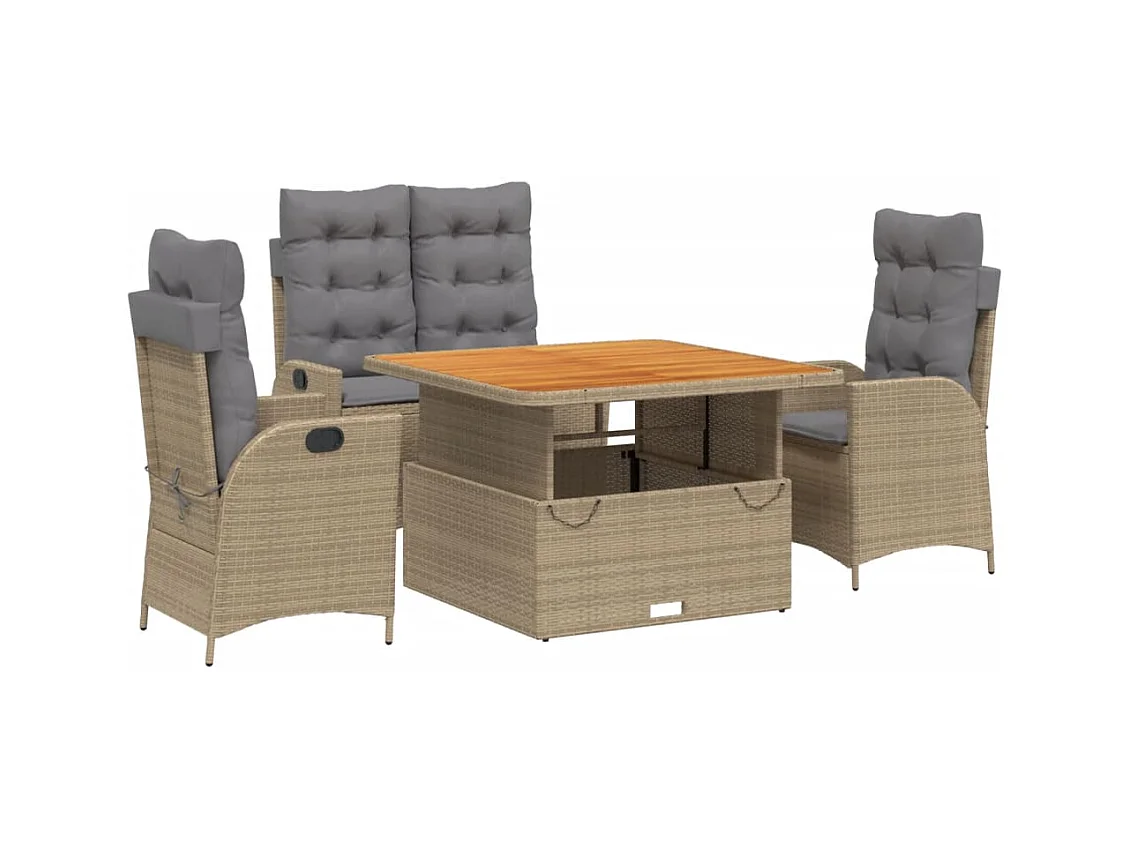Ensemble à manger de jardin coussins 4 pcs beige résine tressée