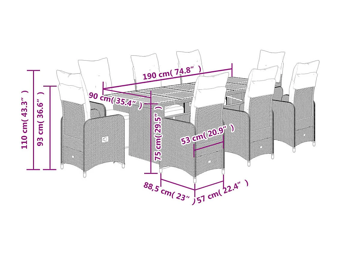 Ensemble de bistro de jardin 9 pcs coussins noir poly rotin