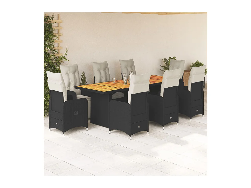 Ensemble de bistro de jardin 9 pcs coussins noir poly rotin