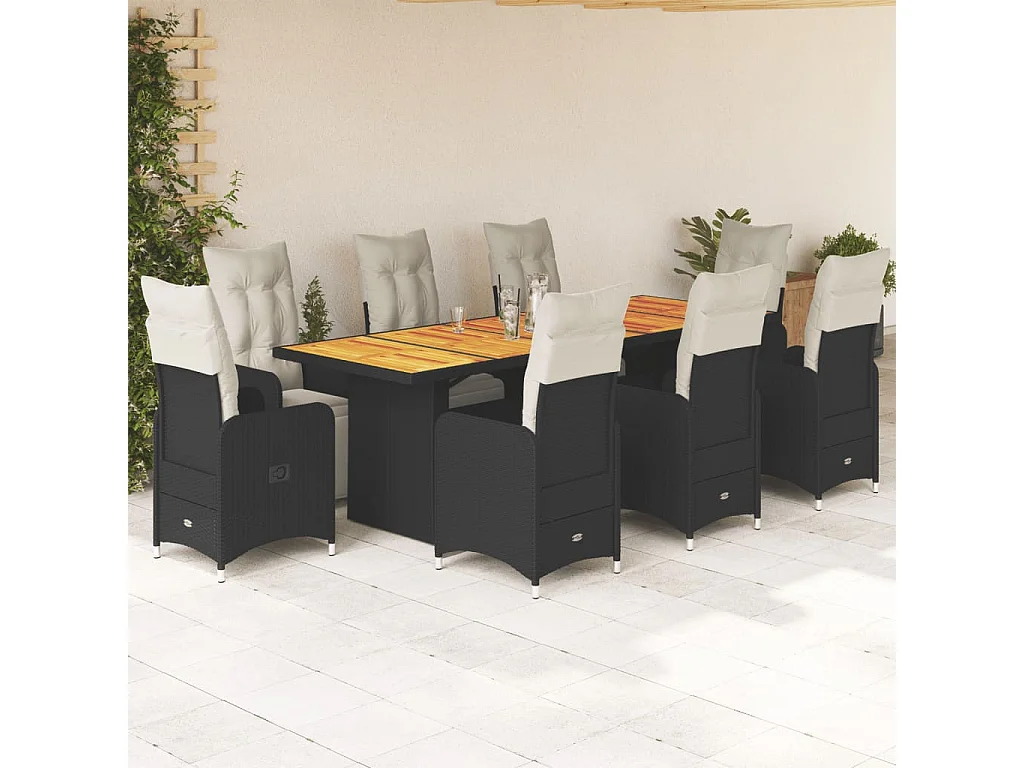 Ensemble de bistro de jardin 9 pcs coussins noir poly rotin