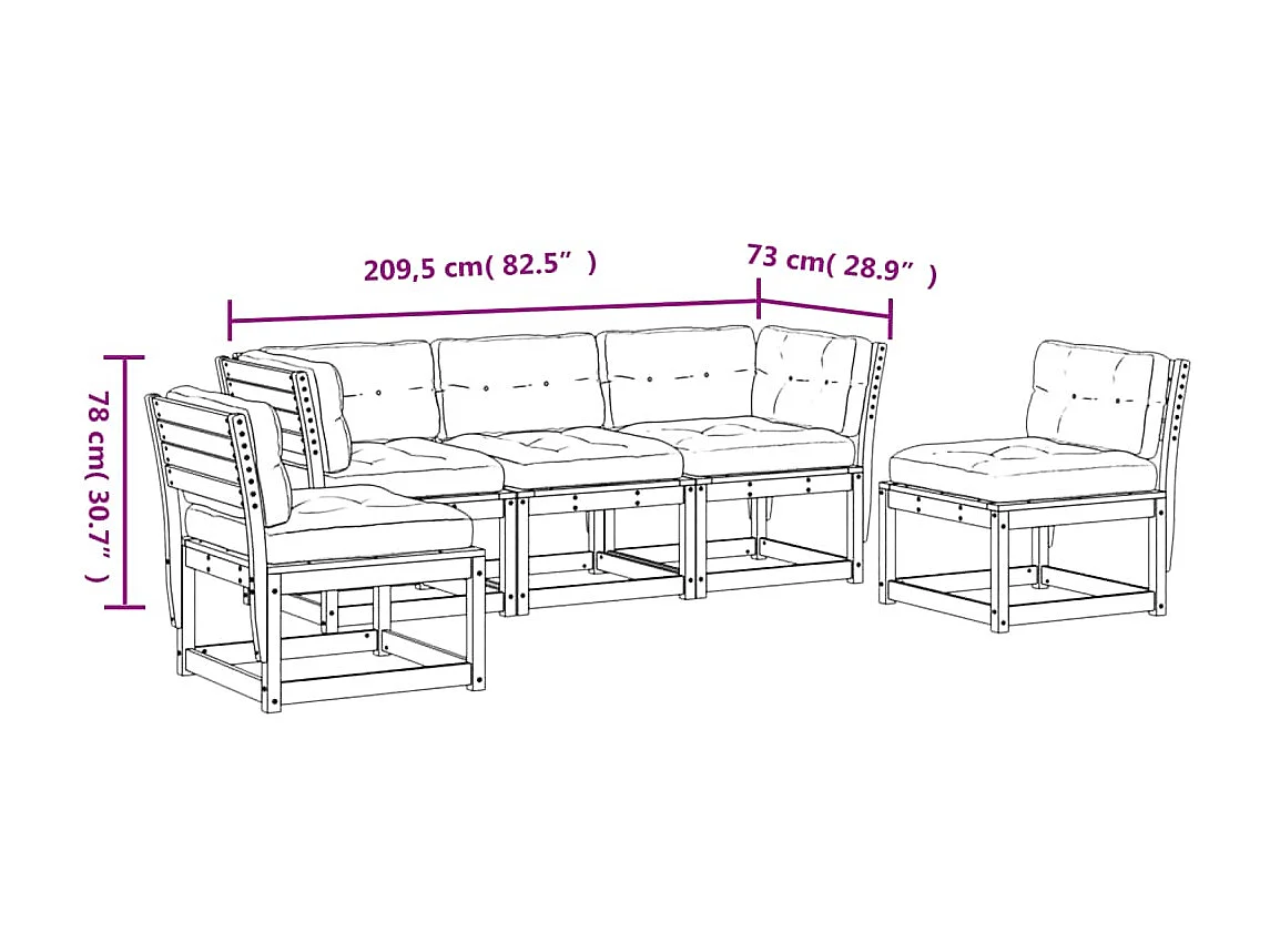 Salon de jardin 5 pcs avec coussins cire marron bois pin massif