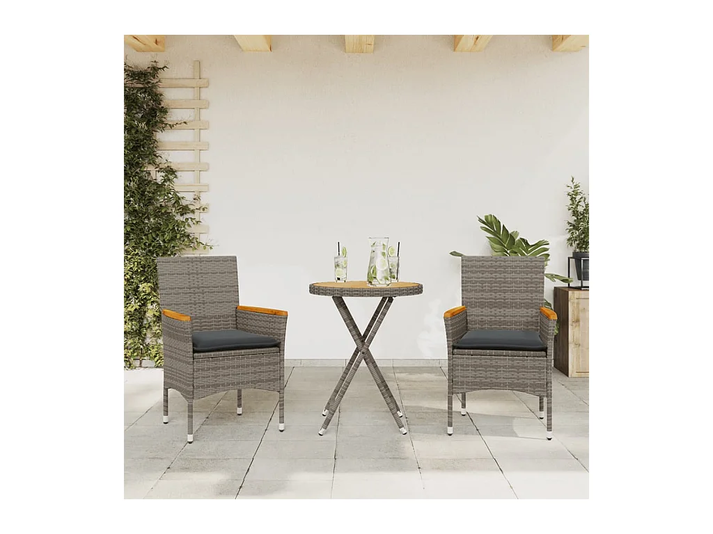 Ensemble de bistro avec coussins 3 pcs gris rotin et acacia