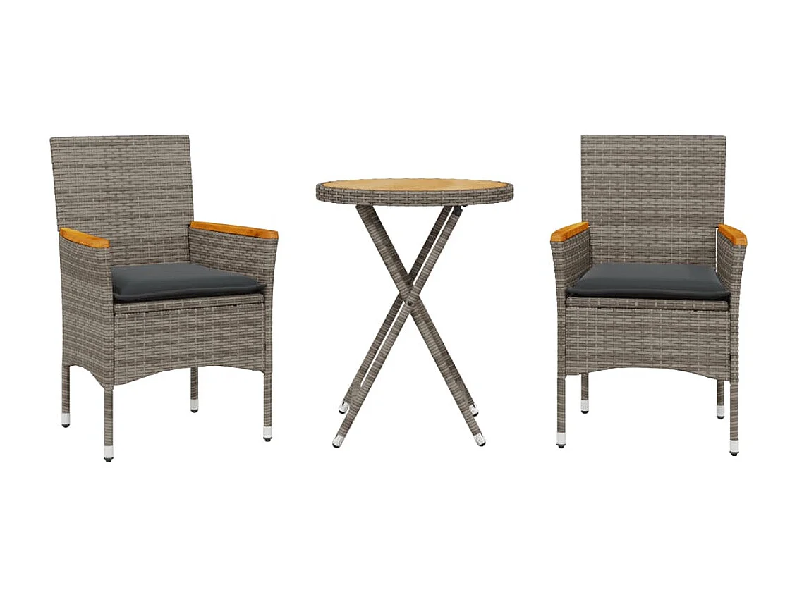 Ensemble de bistro avec coussins 3 pcs gris rotin et acacia
