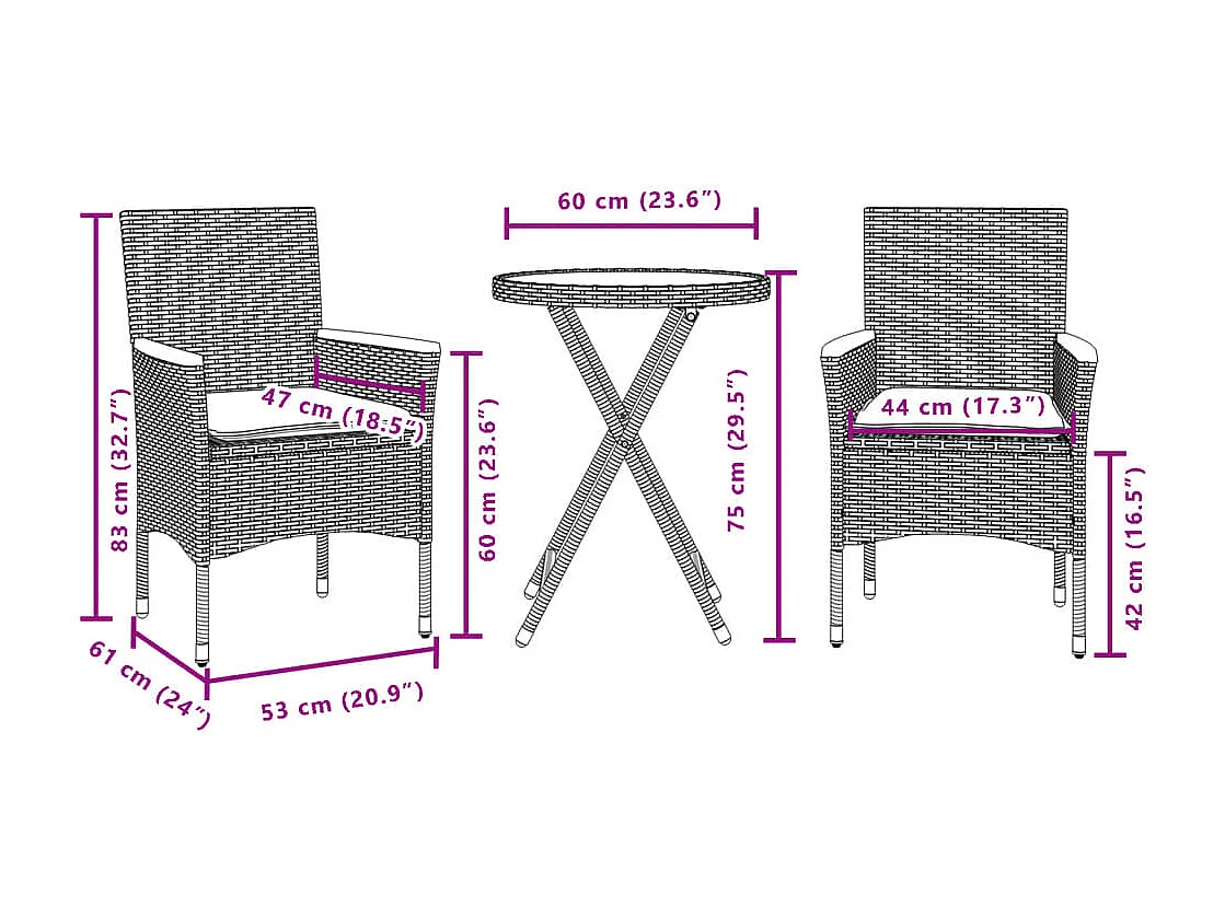 Ensemble de bistro avec coussins 3 pcs gris rotin et acacia