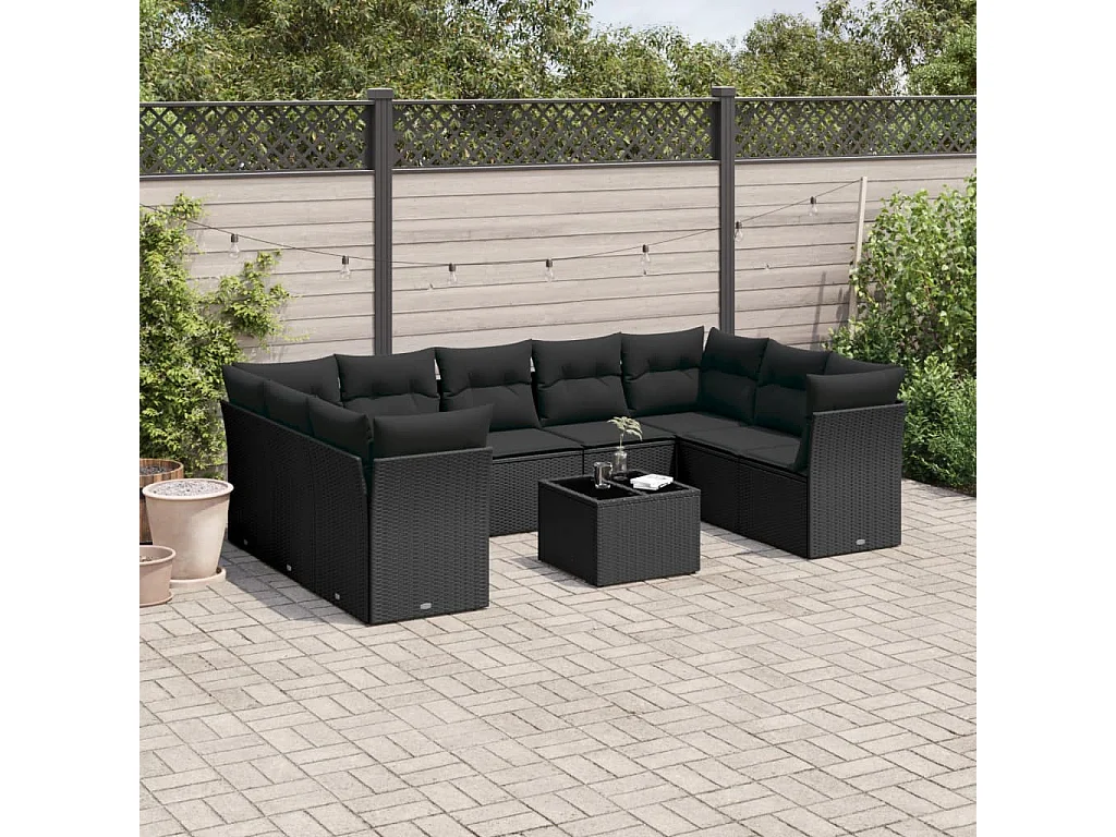 10-tlg. Garten-Sofagarnitur mit Kissen Schwarz Poly Rattan