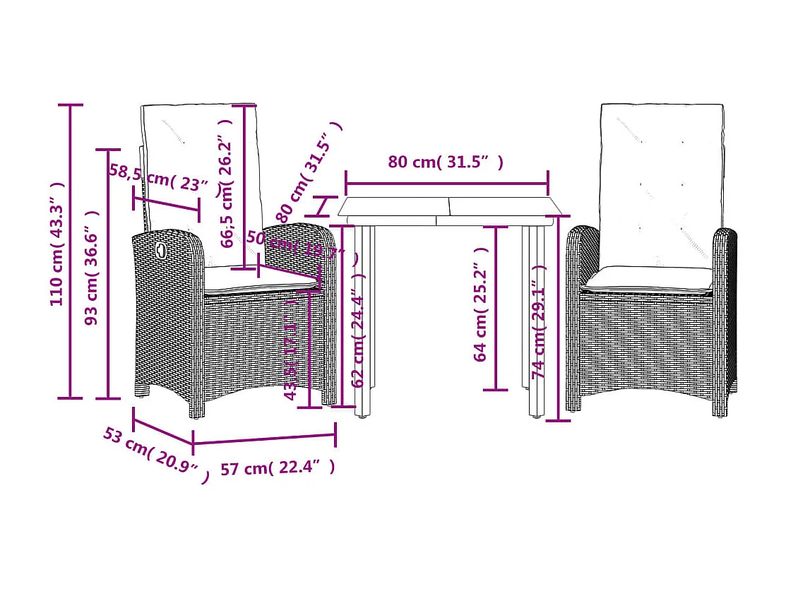 Set da Pranzo da Giardino 3 pz con Cuscini Nero in Polyrattan