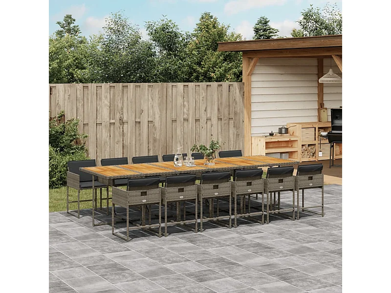 Set da Pranzo da Giardino 13pz con Cuscini Grigio in Polyrattan