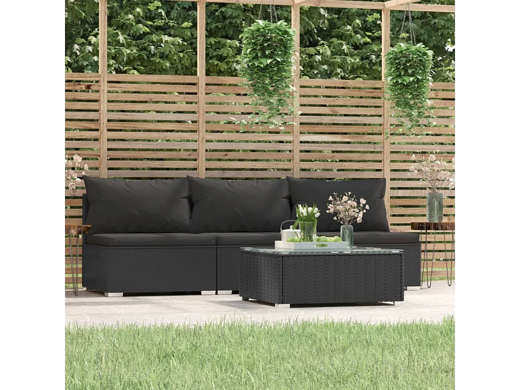 Salon de jardin 4 pcs avec coussins Noir Résine tressée