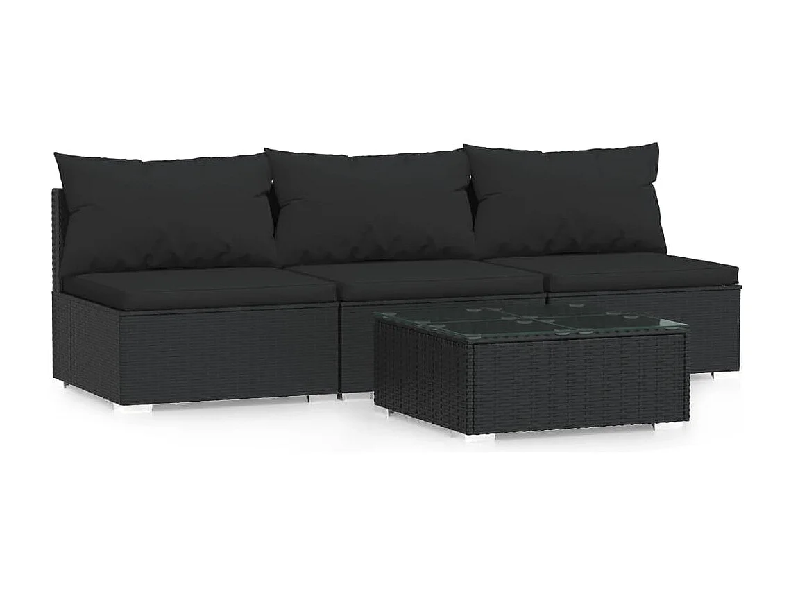 Salon de jardin 4 pcs avec coussins Noir Résine tressée