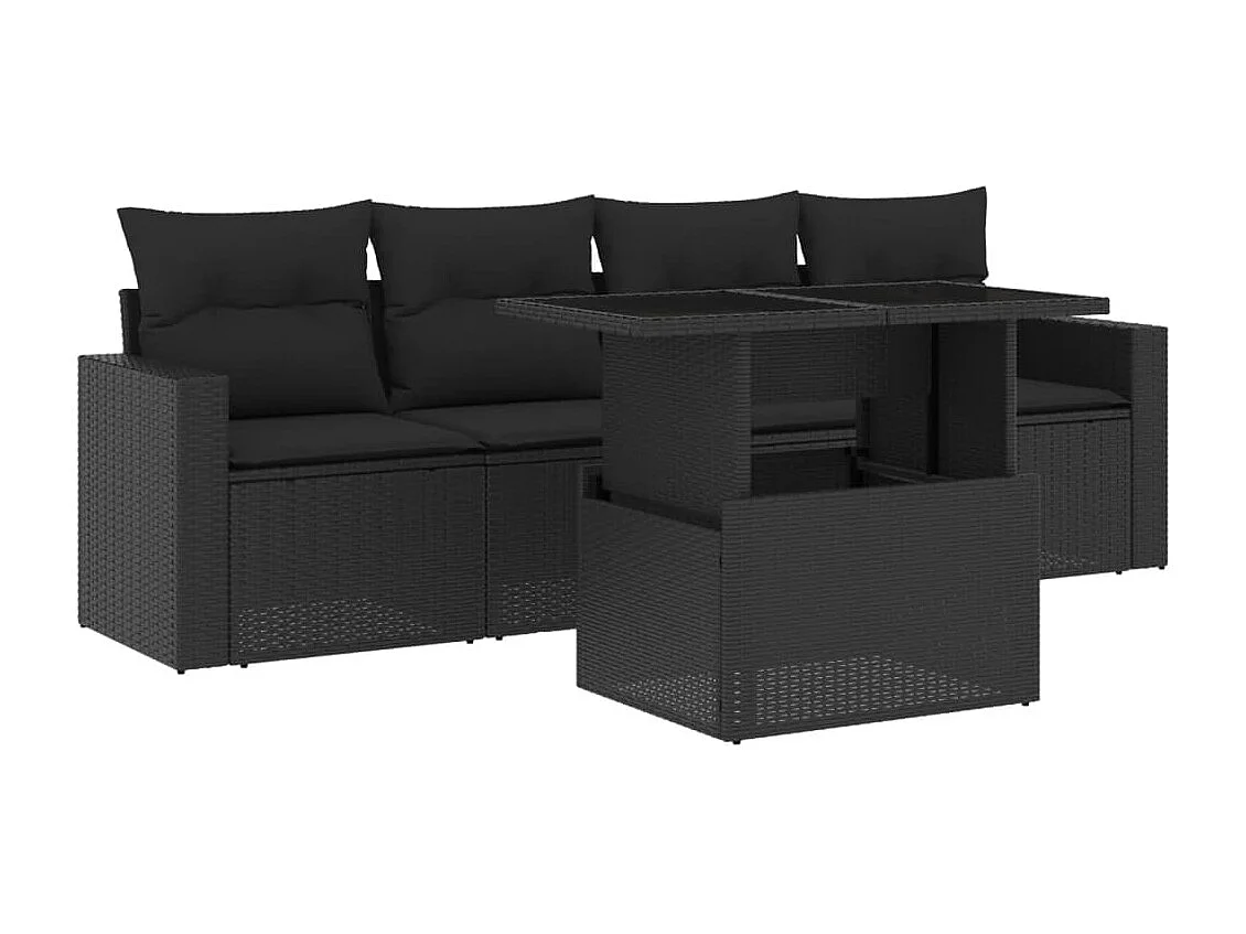 Salon de jardin 5 pcs avec coussins noir résine tressée