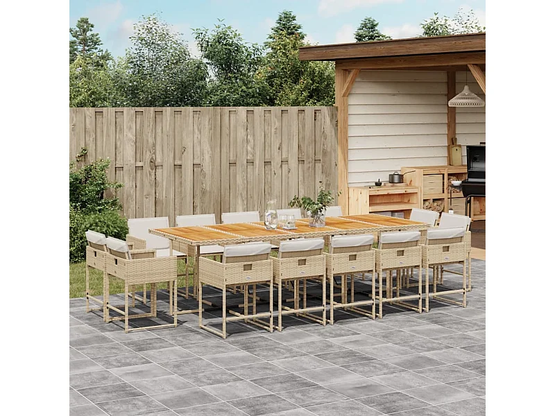 Set da Pranzo da Giardino 15 pz con Cuscini Beige in Polyrattan