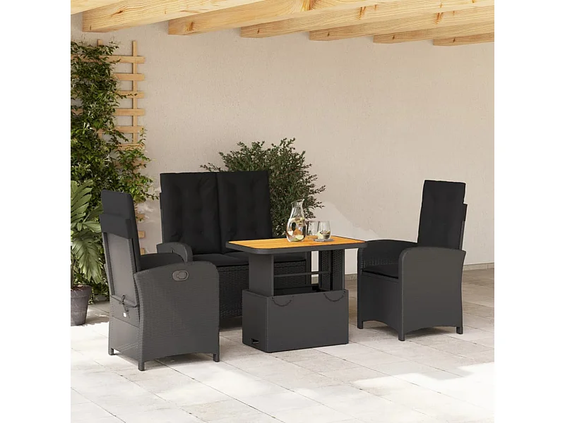 4 pcs conjunto de jardim p/ jardim c/ almofadões vime PE preto