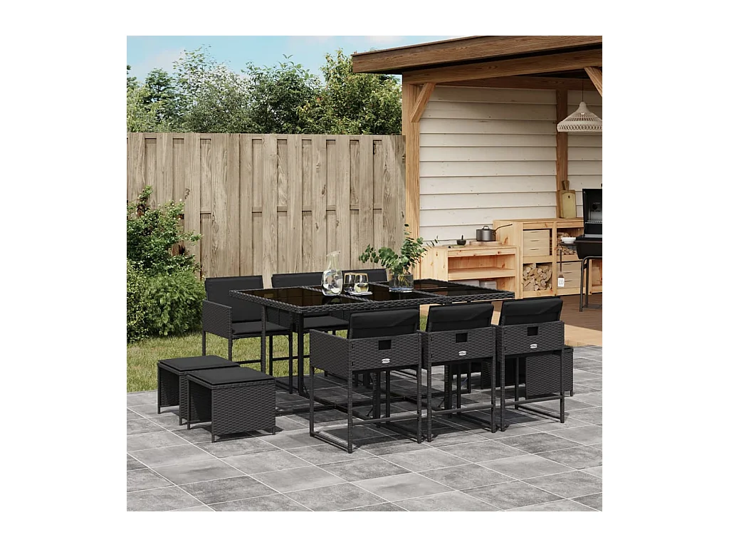 Set da Pranzo da Giardino 11 pz con Cuscini in Polyrattan Nero
