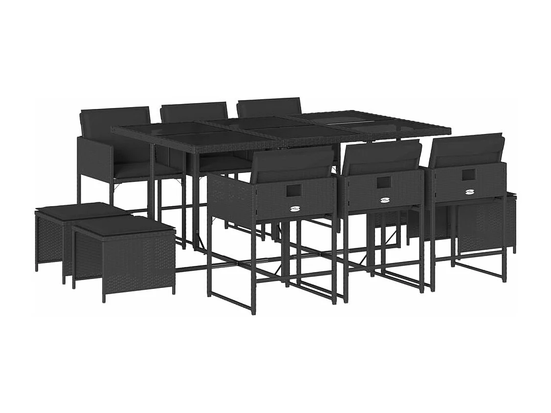 Set da Pranzo da Giardino 11 pz con Cuscini in Polyrattan Nero