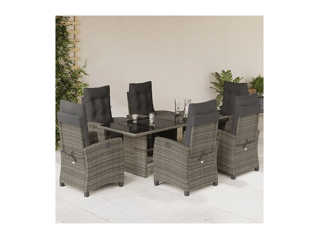 Ensemble à manger de jardin et coussins 7 pcs gris rotin