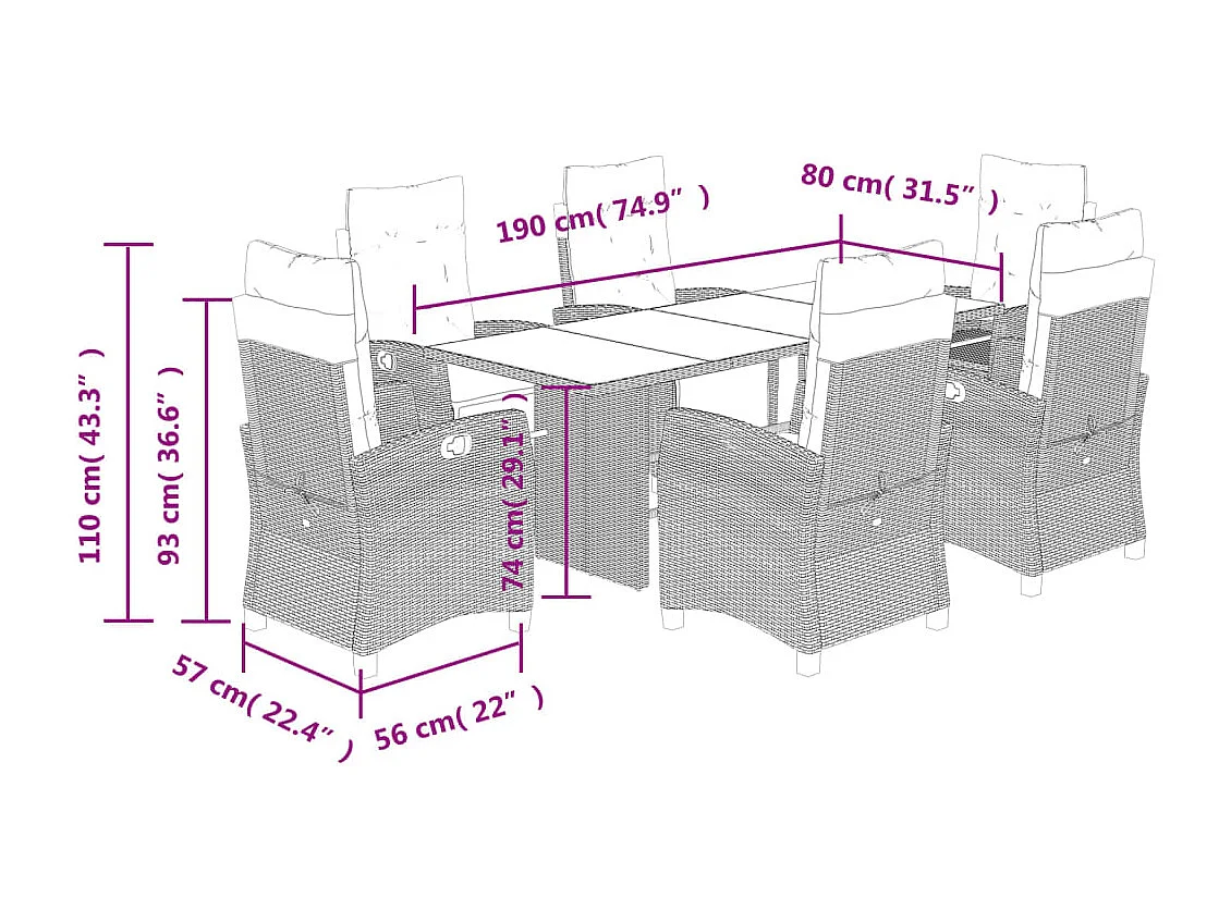 Set comedor jardín 7 pzas y cojines ratán sintético gris