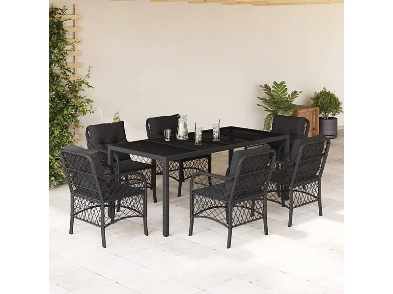 Ensemble à manger de jardin coussins 7pcs Noir Résine tressée