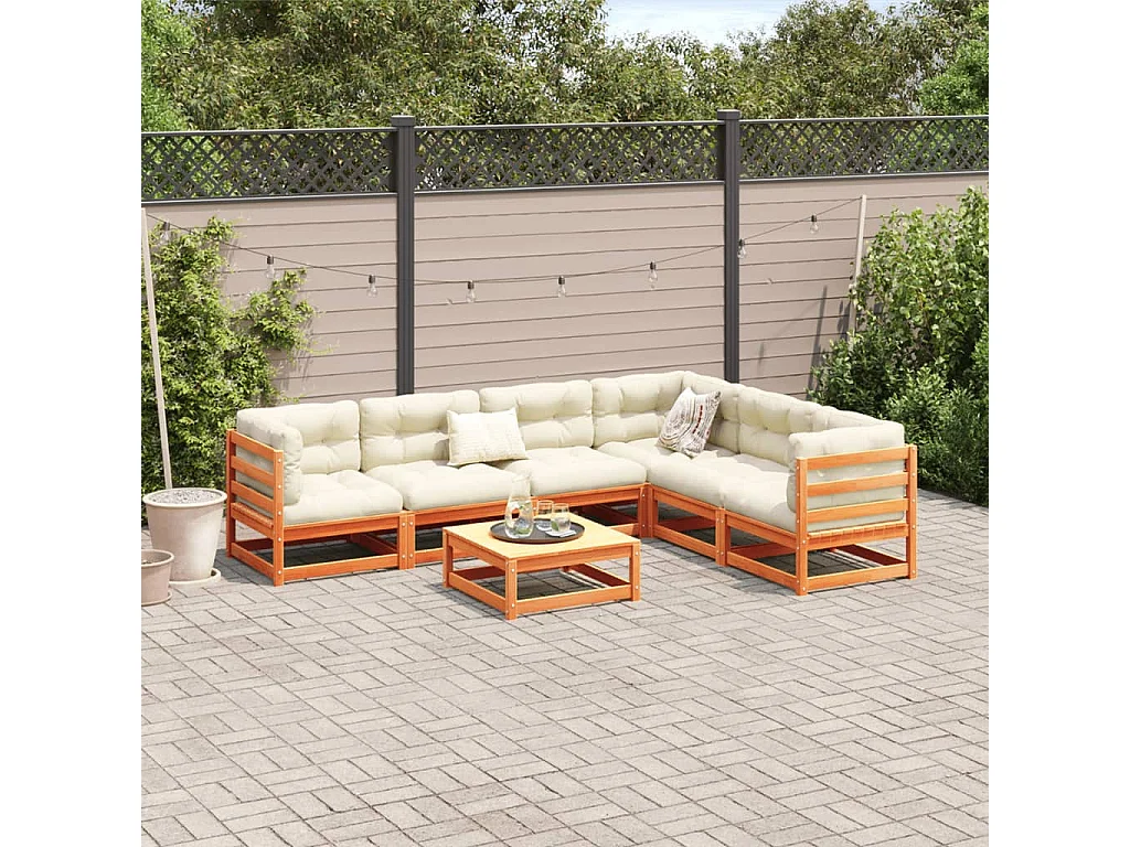 Set Divani Giardino 7 pz con Cuscini Marrone Cera Massello Pino
