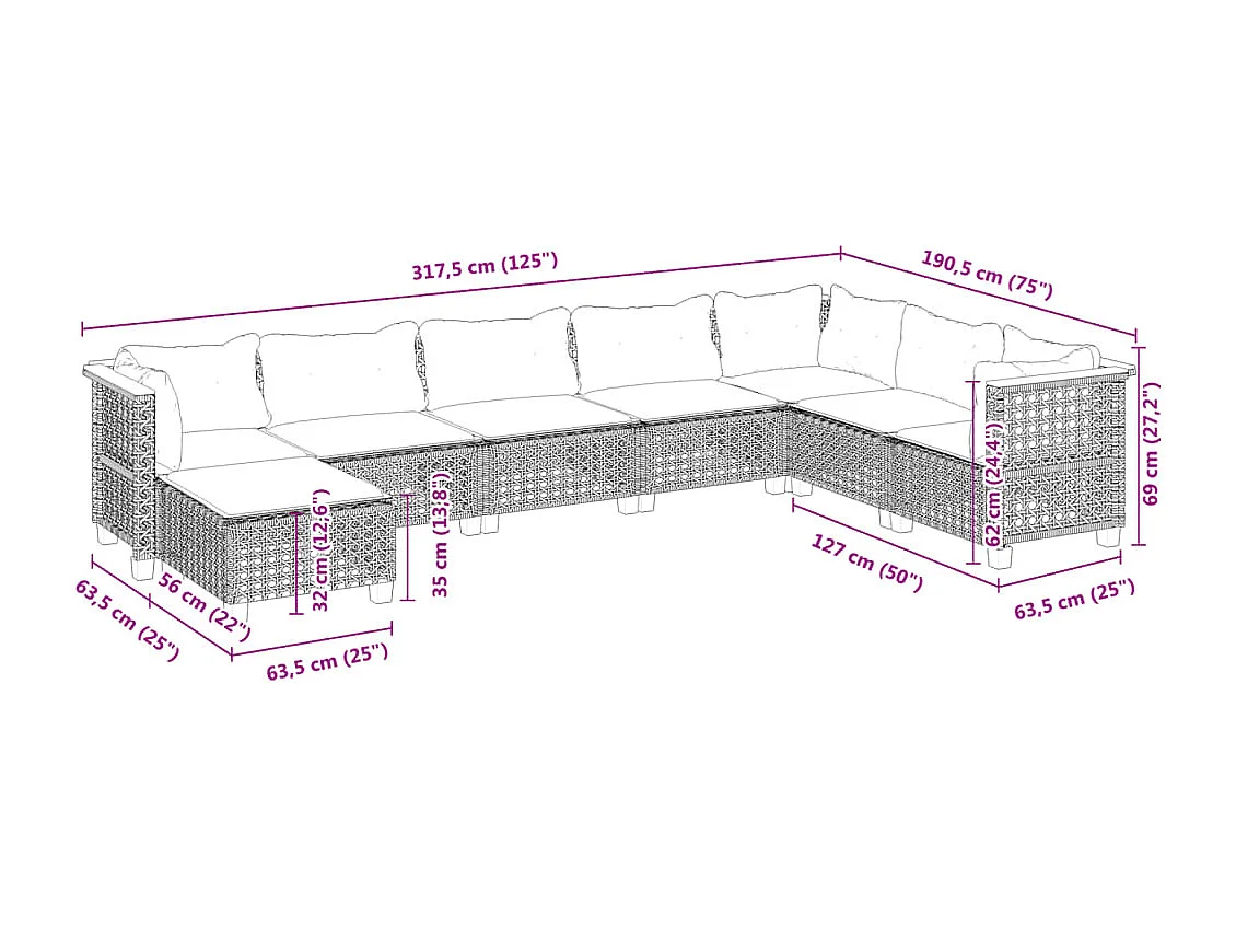 Set Divani da Giardino con Cuscini 8 pz Nero in Polyrattan