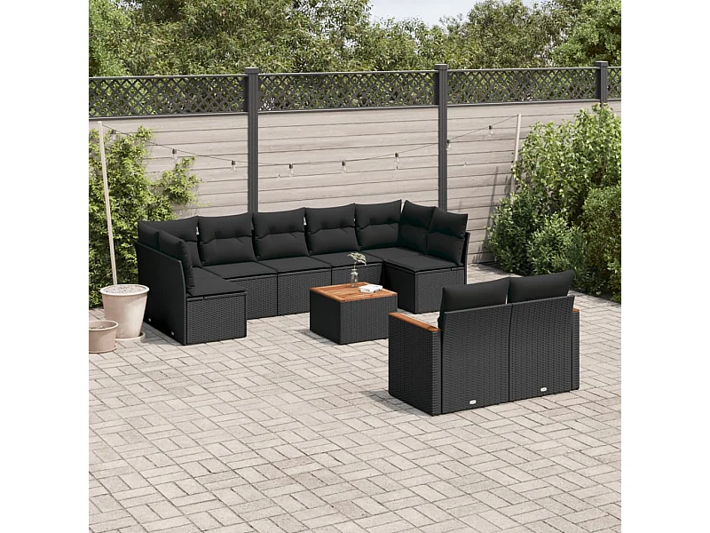 Set Divani da Giardino 10pz con Cuscini in Polyrattan Nero