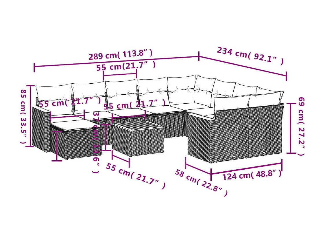 Salon de jardin 11 pcs avec coussins gris résine tressée