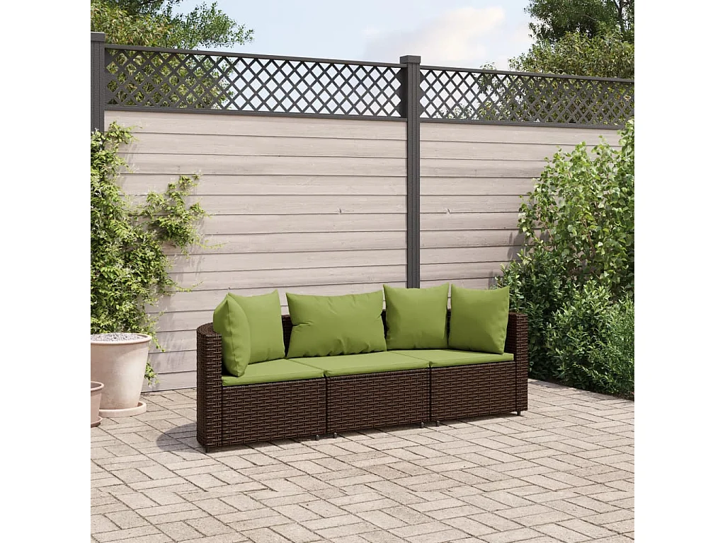 Set Divano da Giardino 3 pz con Cuscini Marrone in Polyrattan