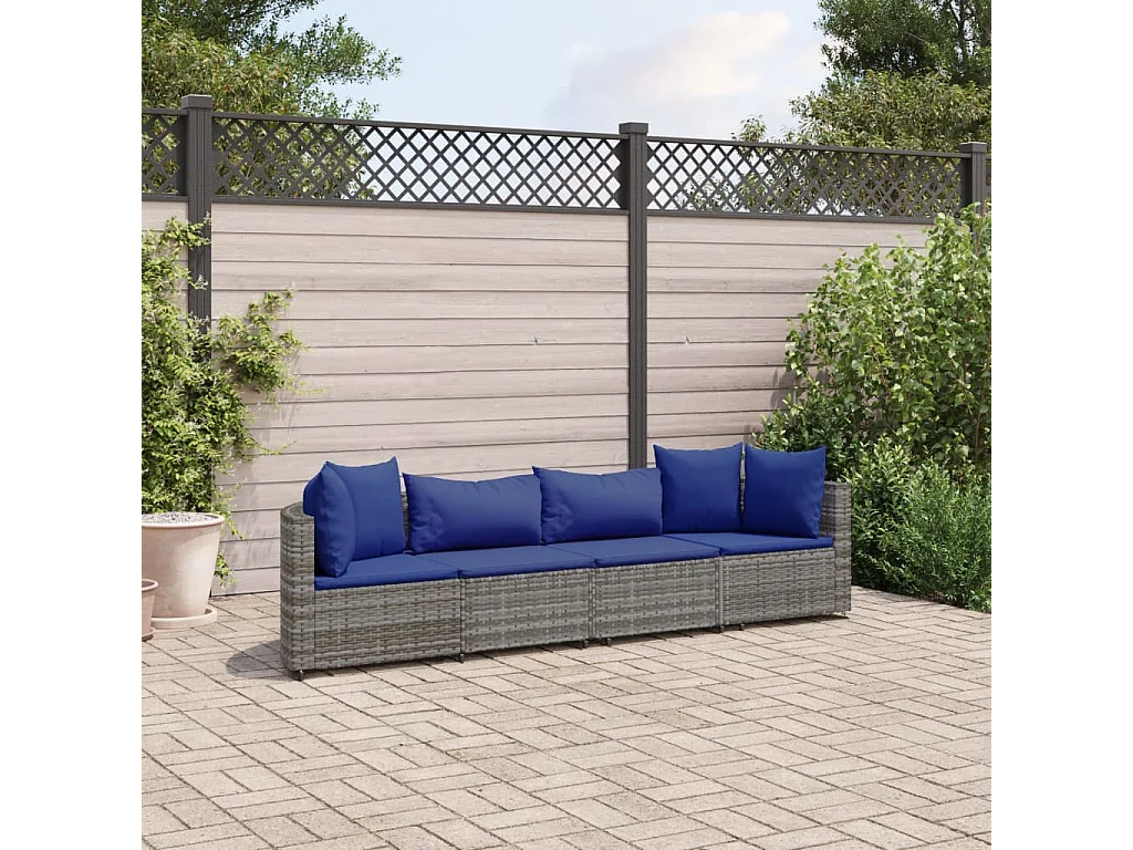 4 pcs conjunto sofás de jardim c/ almofadões vime PE cinzento