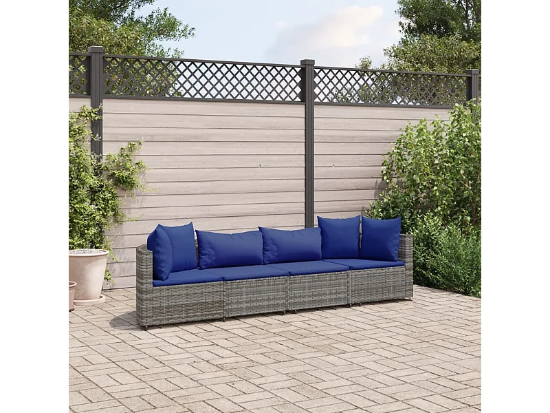 4 pcs conjunto sofás de jardim c/ almofadões vime PE cinzento