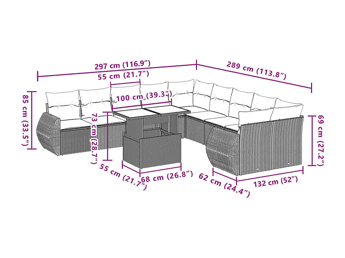 Set Divani da Giardino 11 pz con Cuscini in Polyrattan Grigio