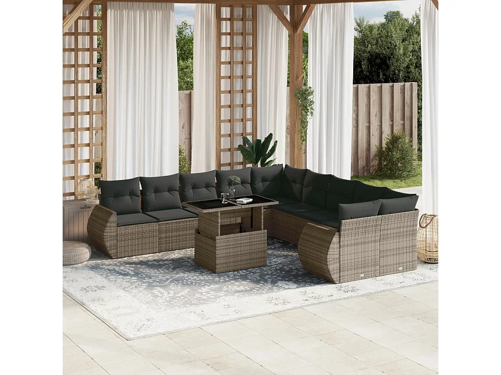 Set de sofás de jardín 11 pzas y cojines ratán sintético gris