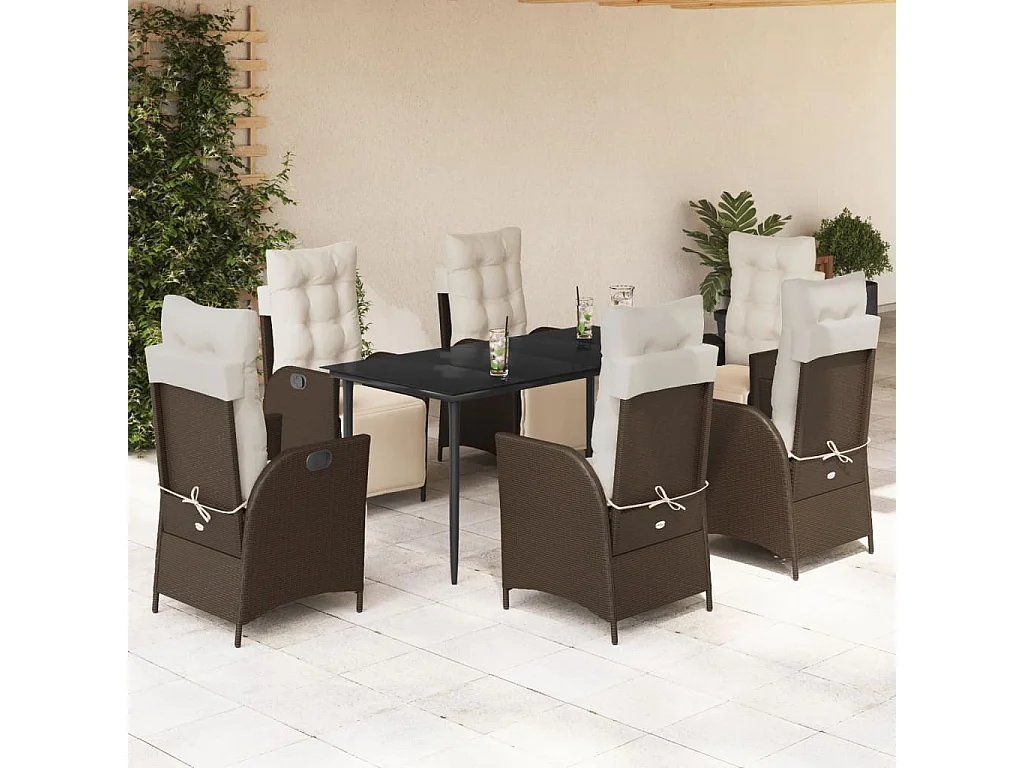 Set comedor de jardín 7 pzas con cojines ratán sintético marrón