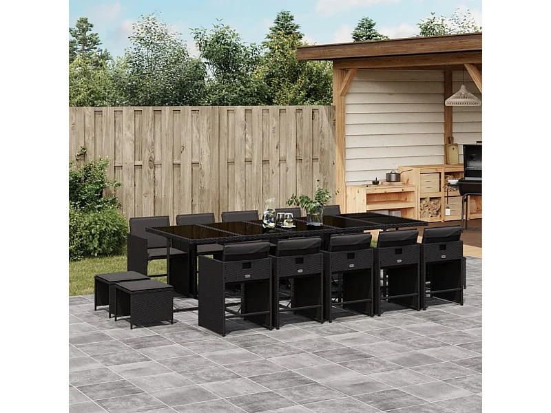 Set da Pranzo da Giardino 15 pz con Cuscini Nero in Polyrattan