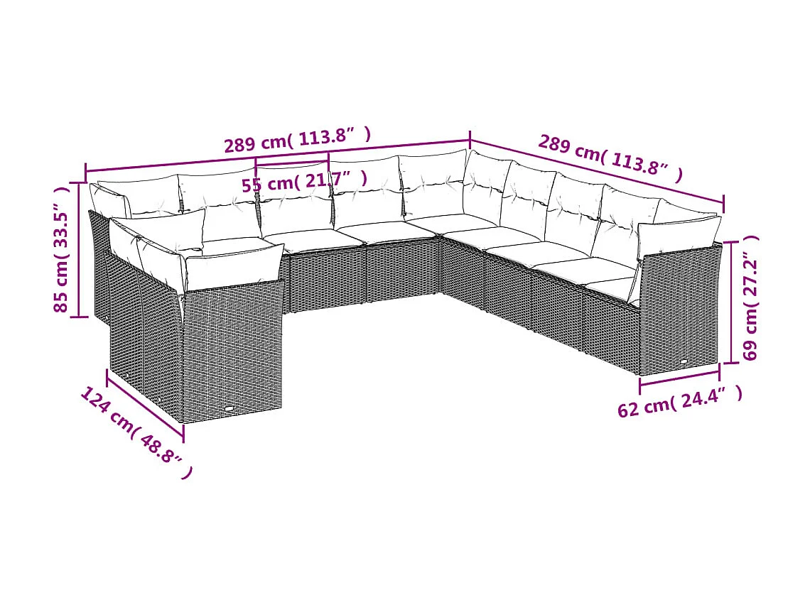 11-tlg. Garten-Sofagarnitur mit Kissen Schwarz Poly Rattan