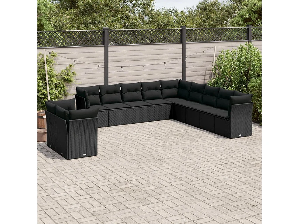 11 pcs conjunto sofás de jardim c/ almofadões vime PE preto