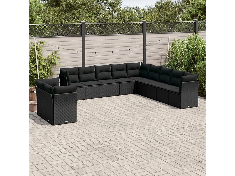 11 pcs conjunto sofás de jardim c/ almofadões vime PE preto