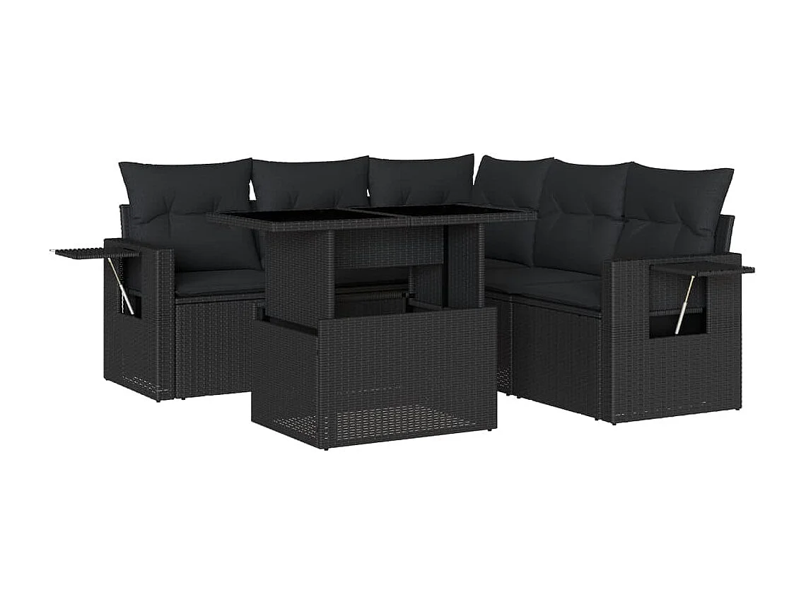 Salon de jardin 6 pcs avec coussins noir résine tressée