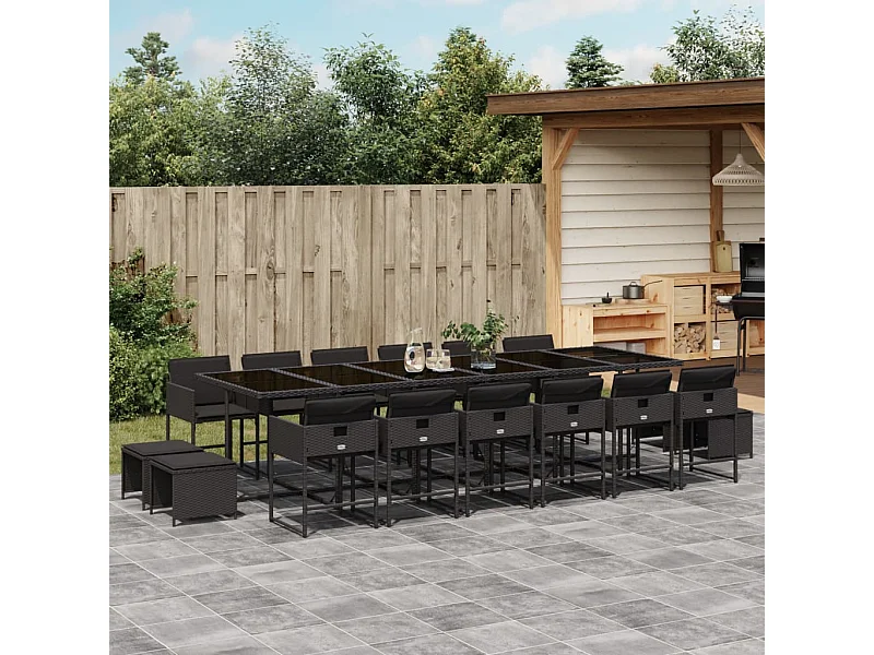 Ensemble à manger de jardin 17 pcs coussins noir résine tressée