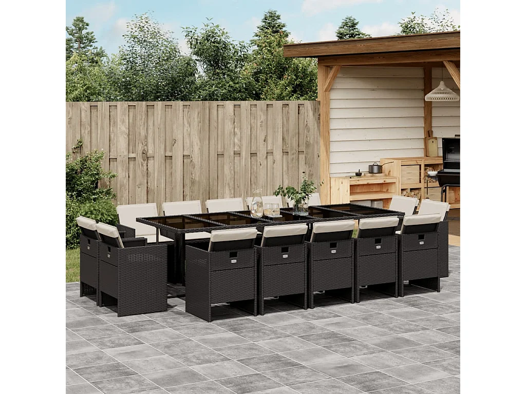 15 pcs conjunto de jantar p/jardim com almofadões vime PE preto