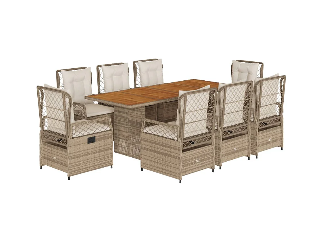 Ensemble à manger de jardin et coussins 9 pcs beige Poly rotin
