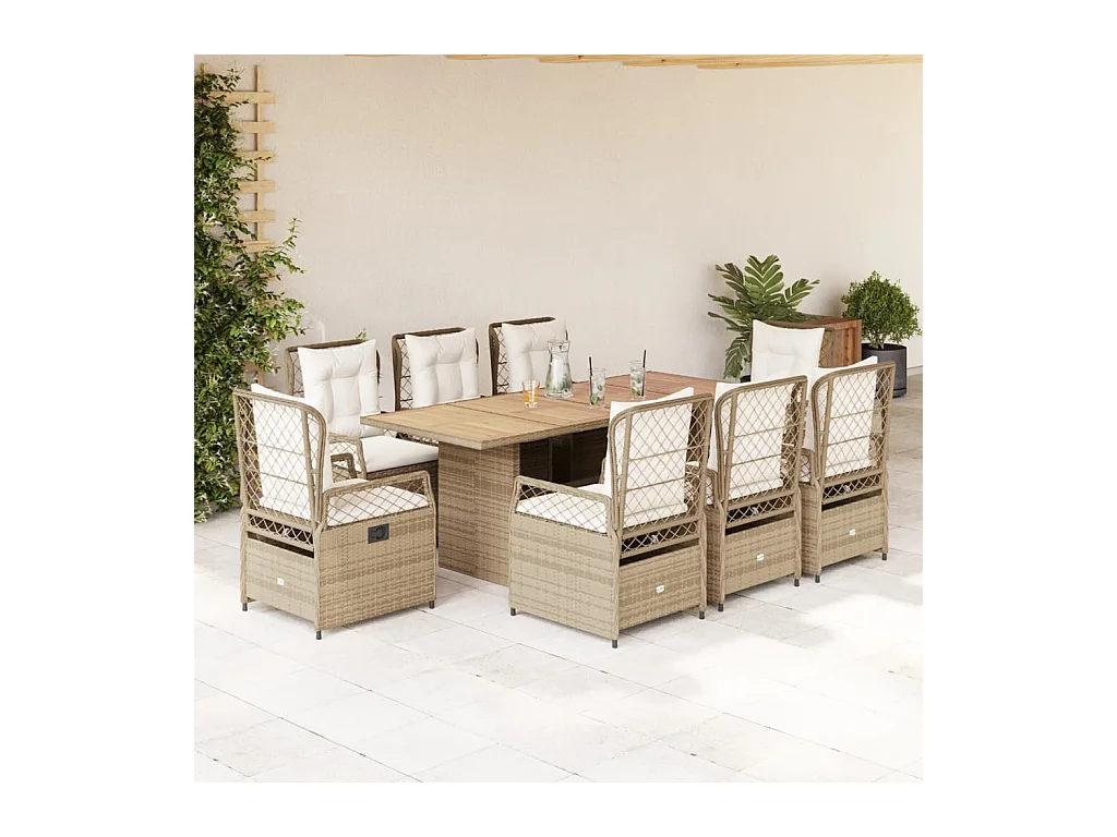 Ensemble à manger de jardin et coussins 9 pcs beige Poly rotin