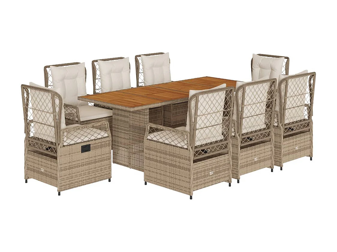Ensemble à manger de jardin et coussins 9 pcs beige Poly rotin