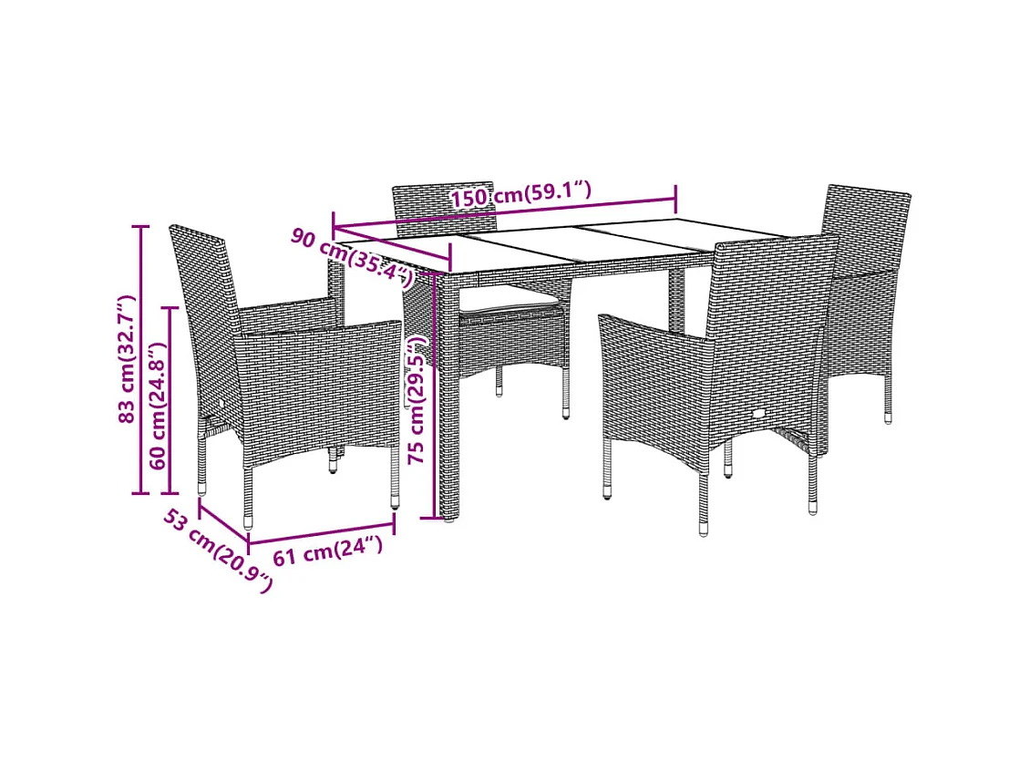 Ensemble à manger de jardin et coussins 5pcs beige rotin acacia