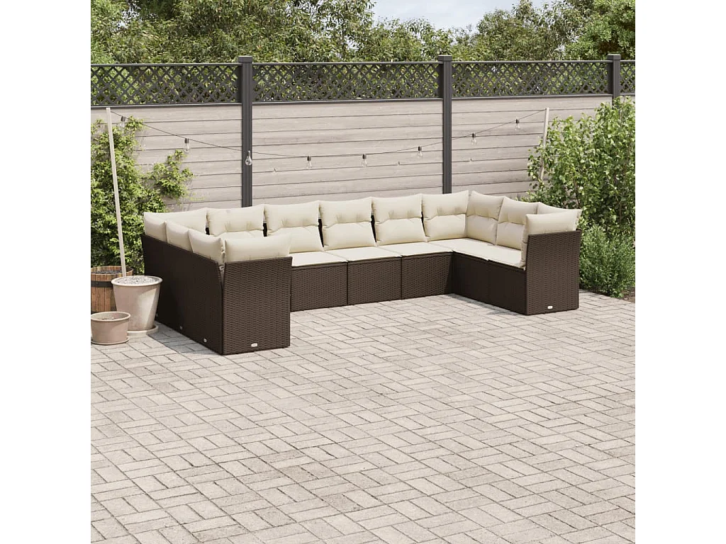 Set de sofás de jardín 10 pzas y cojines ratán sintético marrón