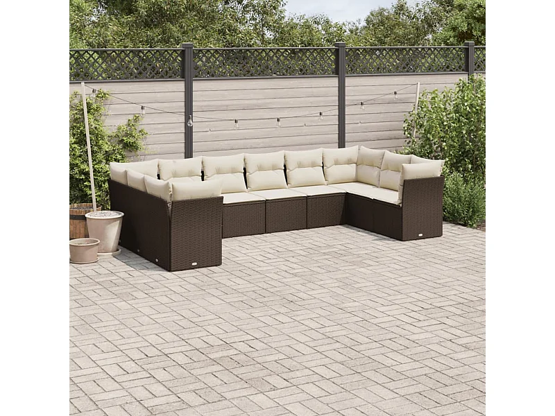 Salon de jardin 10 pcs avec coussins marron résine tressée