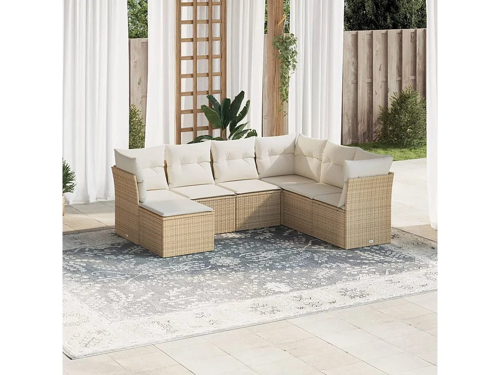 7-tlg. Garten-Sofagarnitur mit Kissen Beige Poly Rattan